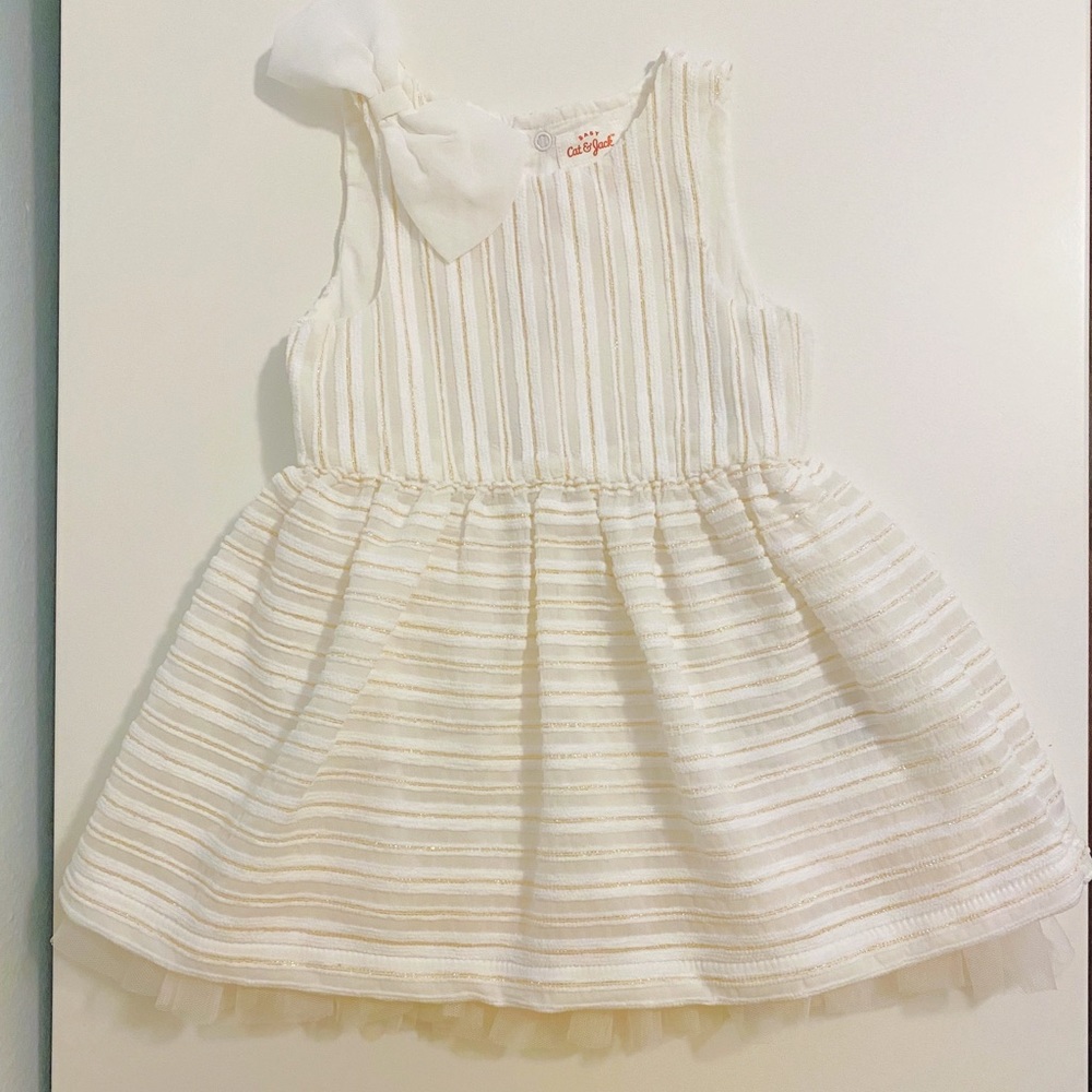 NWT White ivory gold dress w/ bow, 12M